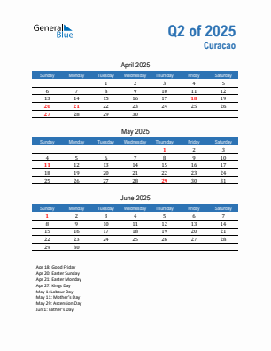 Curacao Quarter 2 2025 calendar template