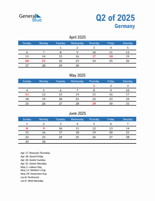 Germany Quarter 2 2025 calendar template