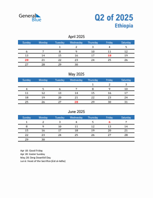 Ethiopia Quarter 2 2025 calendar template