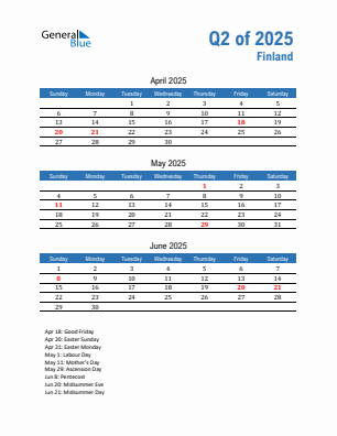 Finland Quarter 2 2025 calendar template