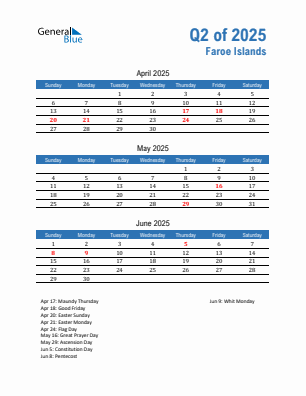 Faroe Islands Quarter 2 2025 calendar template