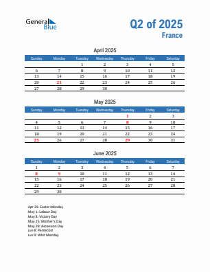 France Quarter 2 2025 calendar template