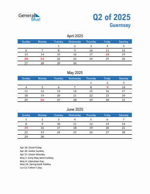 Guernsey Quarter 2 2025 calendar template