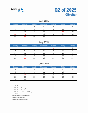 Gibraltar Quarter 2 2025 calendar template