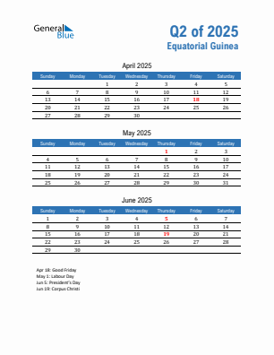 Equatorial Guinea Quarter 2 2025 calendar template