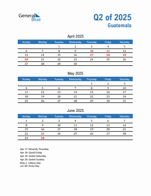Guatemala Quarter 2 2025 calendar template