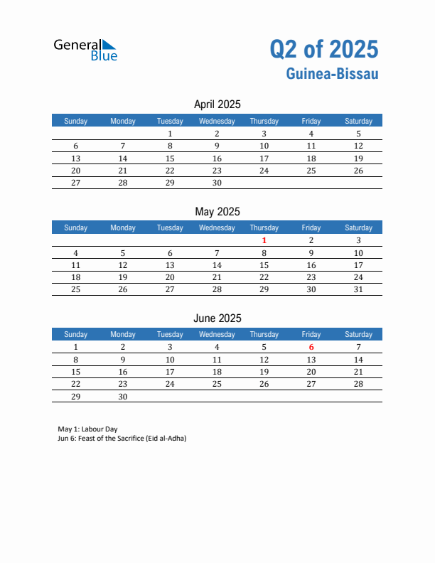 Guinea-Bissau Q2 2025 Quarterly Calendar with Sunday Start