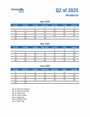 Honduras Quarter 2 2025 calendar template