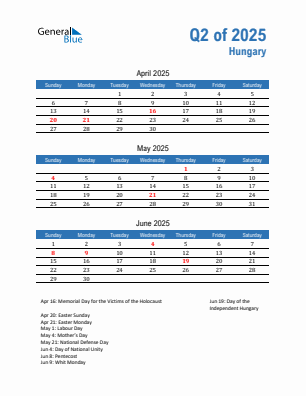 Hungary Quarter 2 2025 calendar template