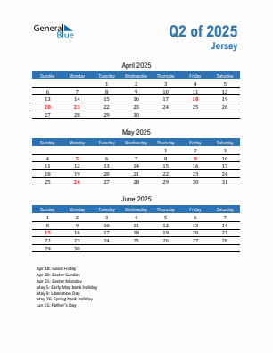 Jersey Quarter 2 2025 calendar template