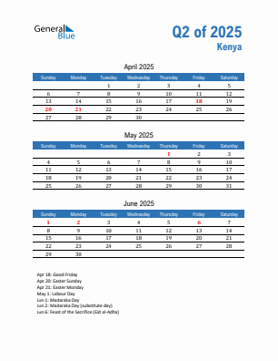Kenya Quarter 2 2025 calendar template