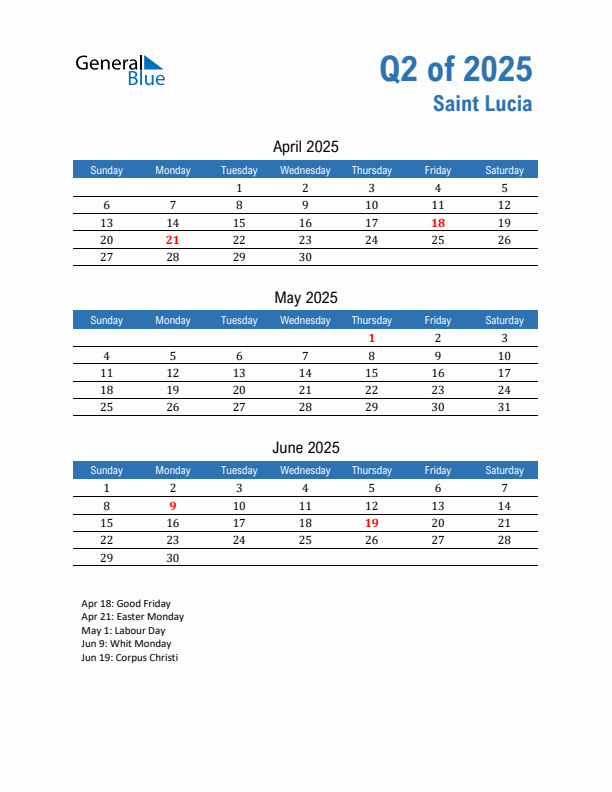 Saint Lucia Q2 2025 Quarterly Calendar with Sunday Start