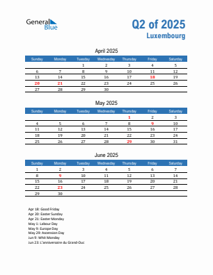 Luxembourg Quarter 2 2025 calendar template