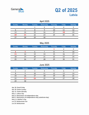 Latvia Quarter 2 2025 calendar template