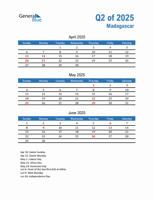 Madagascar Quarter 2 2025 calendar template