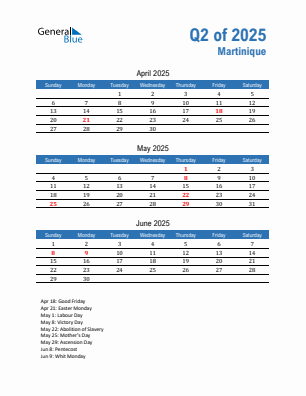 Martinique Quarter 2 2025 calendar template