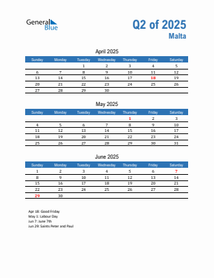 Malta Quarter 2 2025 calendar template
