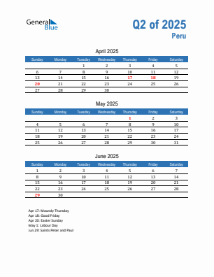 Peru Quarter 2 2025 calendar template