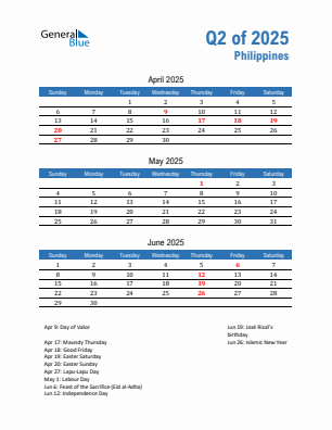 Philippines Quarter 2 2025 calendar template
