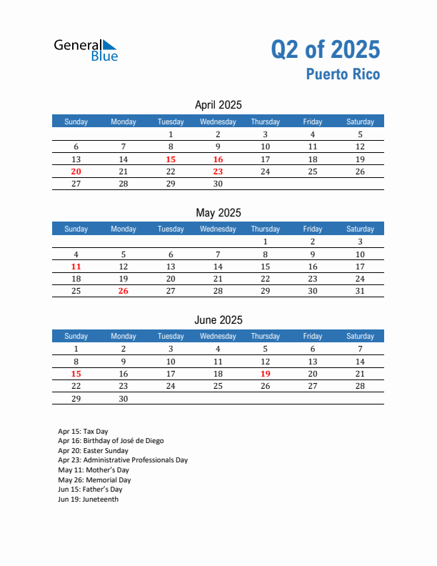 Puerto Rico Q2 2025 Quarterly Calendar with Sunday Start