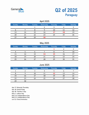 Paraguay Quarter 2 2025 calendar template
