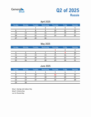 Russia Quarter 2 2025 calendar template
