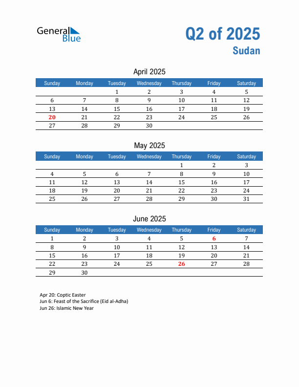 Sudan Q2 2025 Quarterly Calendar with Sunday Start