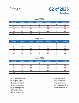 Sweden Quarter 2 2025 calendar template