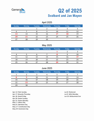 Svalbard and Jan Mayen Quarter 2 2025 calendar template