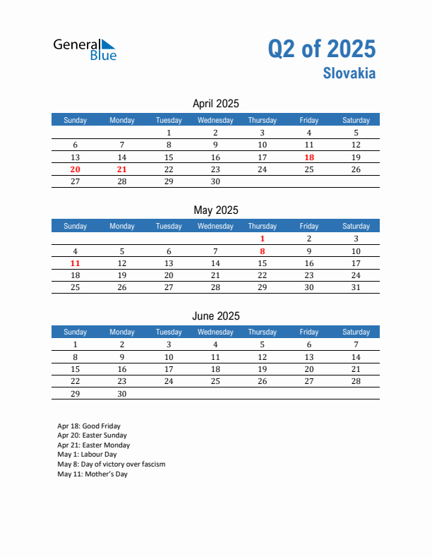 Slovakia Q2 2025 Quarterly Calendar with Sunday Start