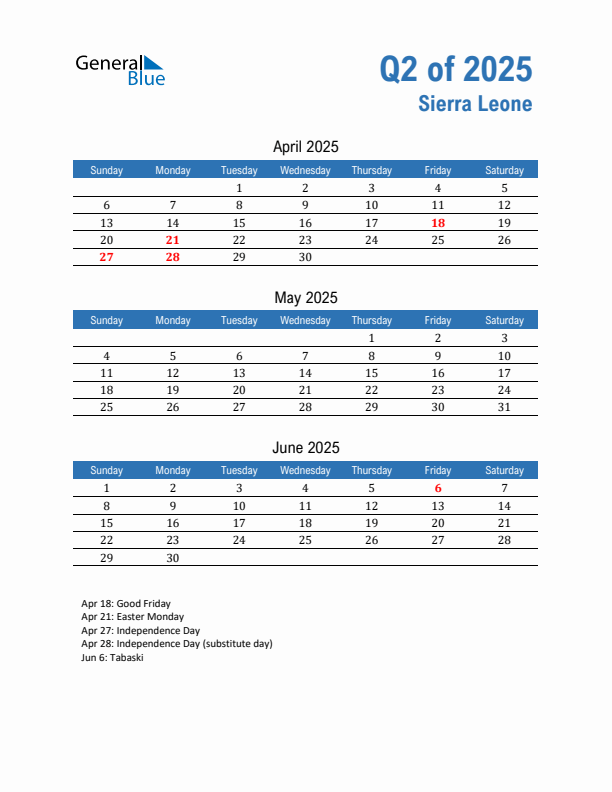 Sierra Leone Q2 2025 Quarterly Calendar with Sunday Start