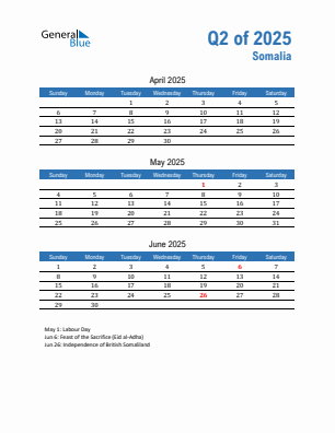 Somalia Quarter 2 2025 calendar template