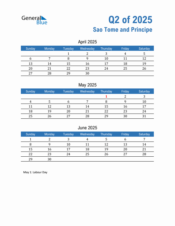 Sao Tome and Principe Q2 2025 Quarterly Calendar with Sunday Start
