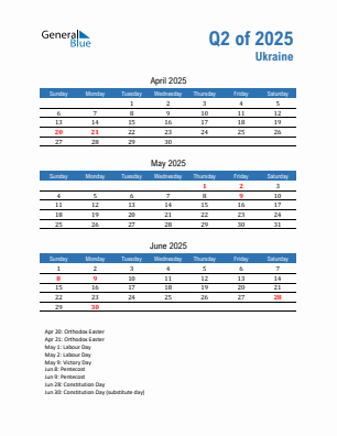 Ukraine Quarter 2 2025 calendar template