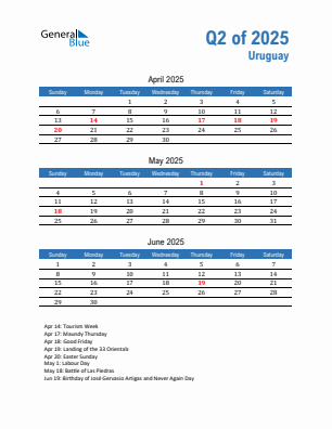Uruguay Quarter 2 2025 calendar template