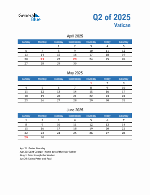 Vatican Quarter 2 2025 calendar template
