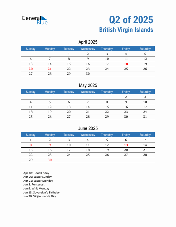 British Virgin Islands Q2 2025 Quarterly Calendar with Sunday Start