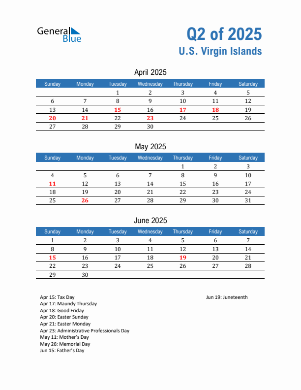 U.S. Virgin Islands Q2 2025 Quarterly Calendar with Sunday Start
