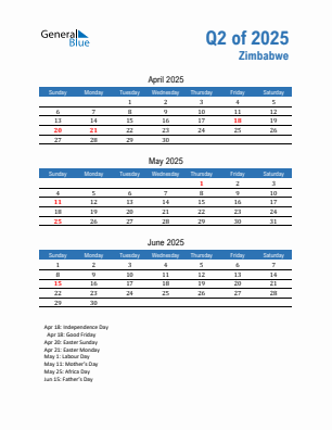 Zimbabwe Quarter 2 2025 calendar template