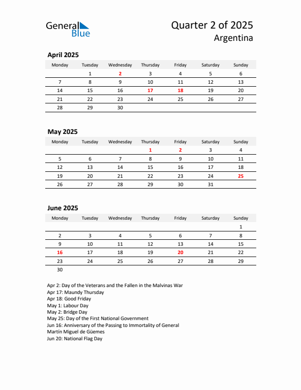2025 Q2 Three-Month Calendar for Argentina