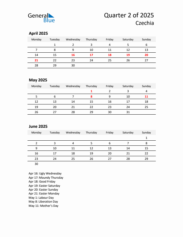 2025 Q2 Three-Month Calendar for Czechia