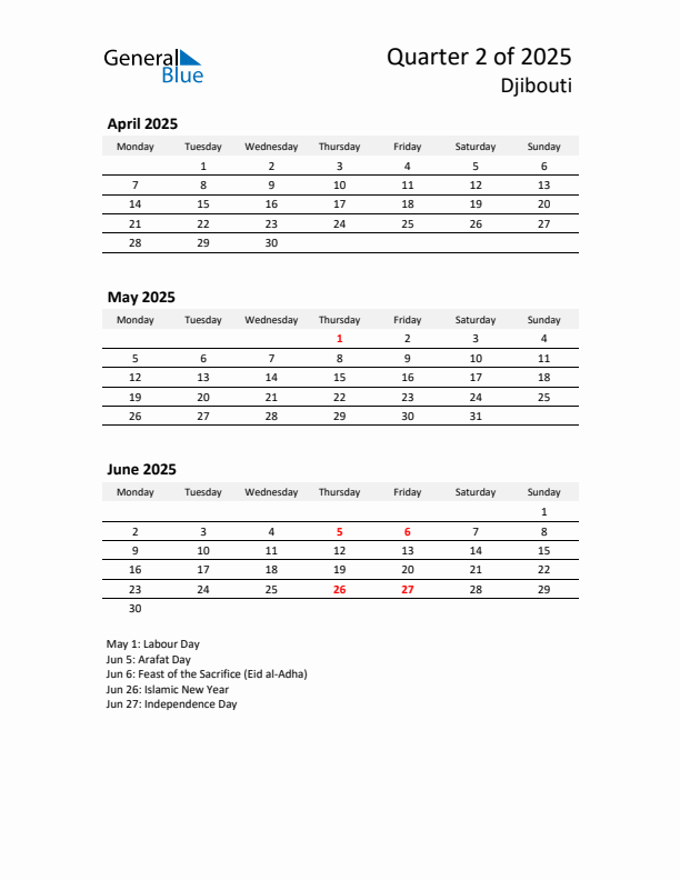 2025 Q2 Three-Month Calendar for Djibouti