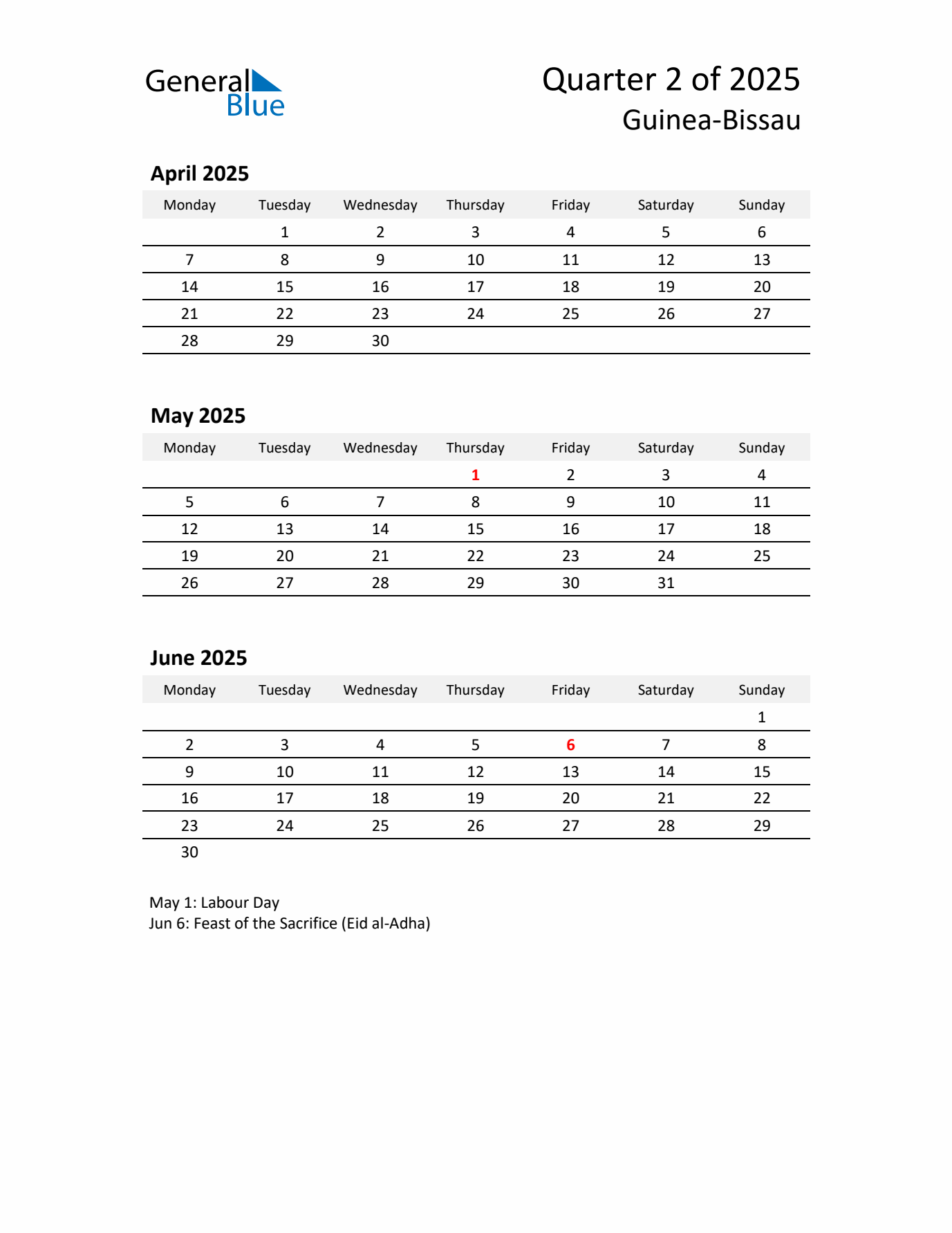 2025 Q2 Three-Month Calendar for Guinea-Bissau
