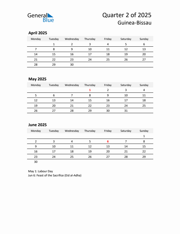 2025 Q2 Three-Month Calendar for Guinea-Bissau