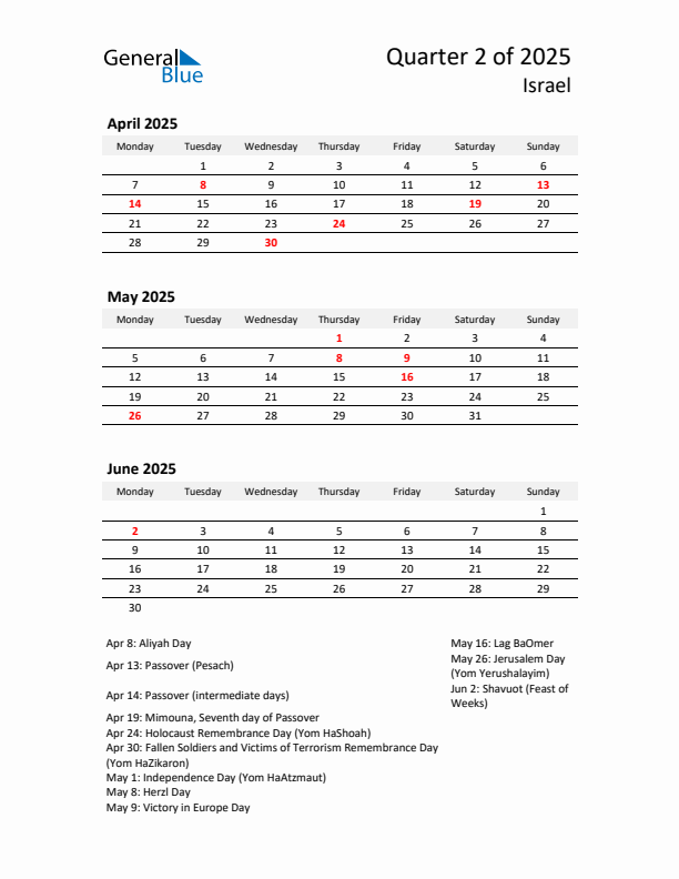 2025 Q2 Three-Month Calendar for Israel