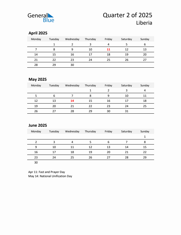 2025 Q2 Three-Month Calendar for Liberia