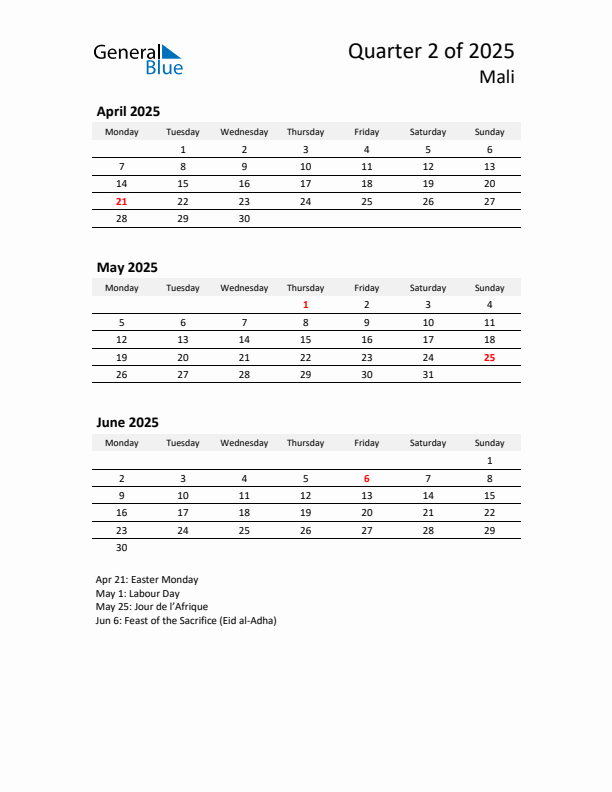 2025 Q2 Three-Month Calendar for Mali