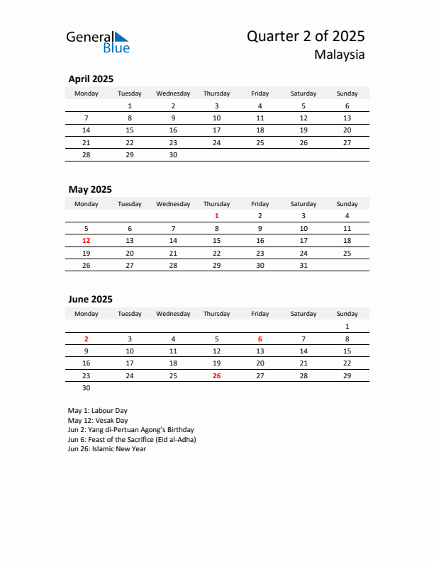 2025 Q2 Three-Month Calendar for Malaysia