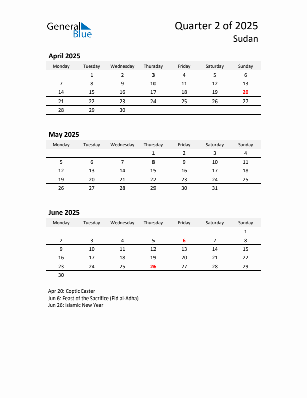 2025 Q2 Three-Month Calendar for Sudan