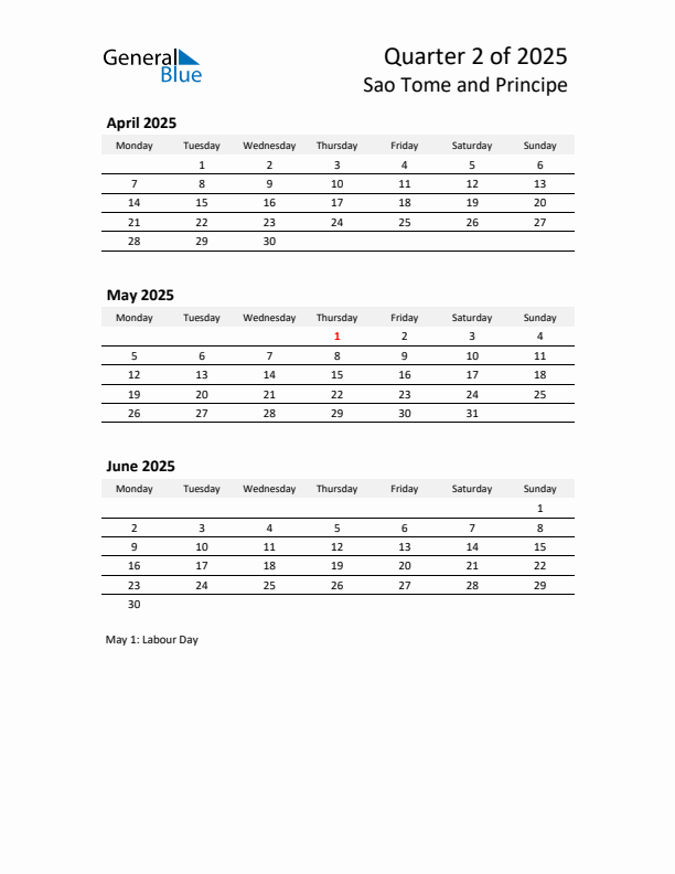 2025 Q2 Three-Month Calendar for Sao Tome and Principe